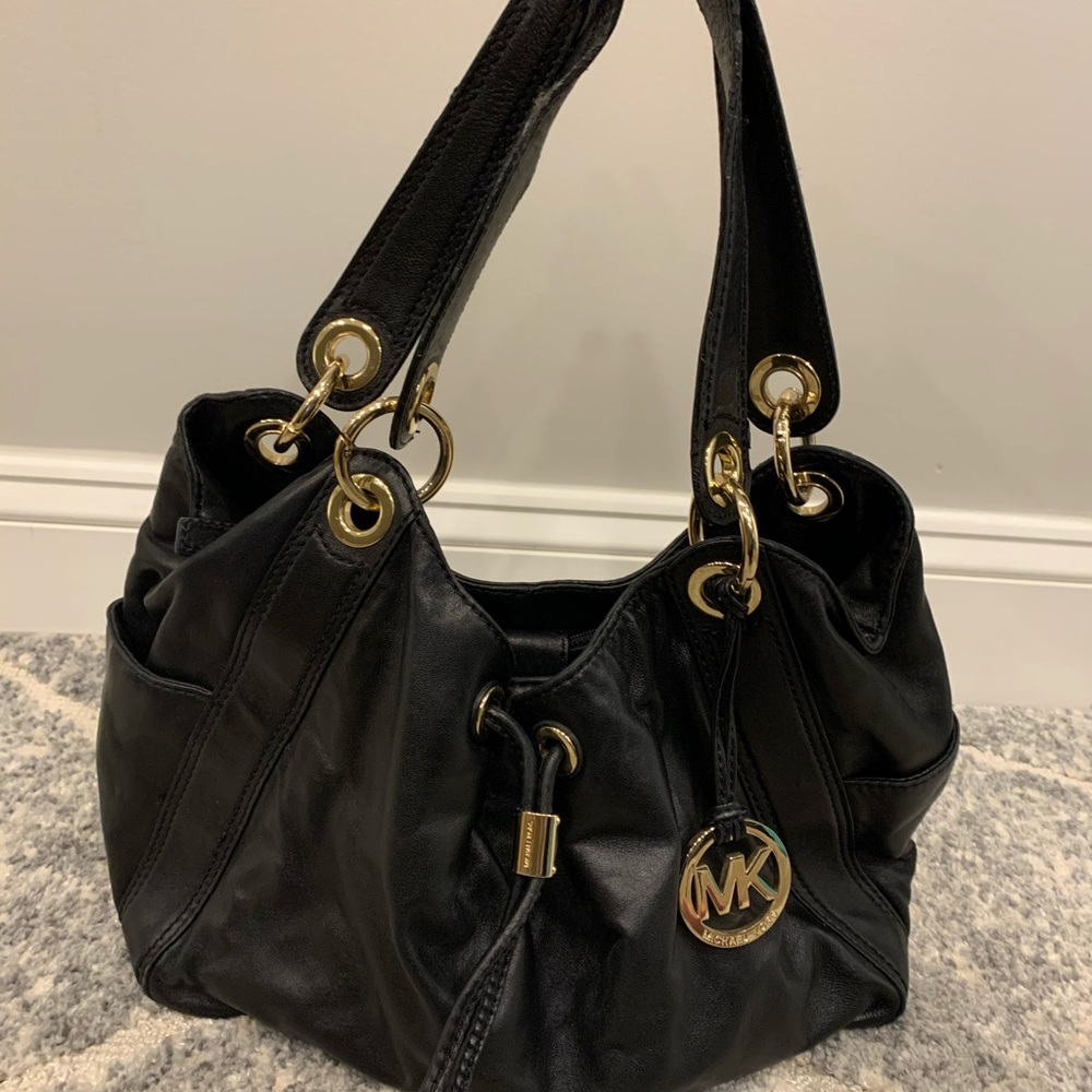 Michael Kors Black Leather drawstring Satchel